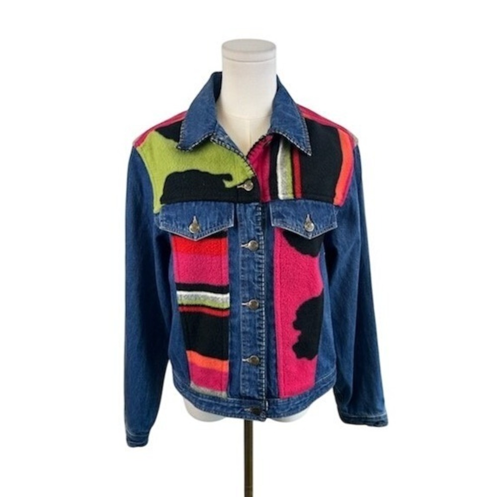 Susan Bristol Denim Jacket Women's Size Large Blue Cow Print Y2K